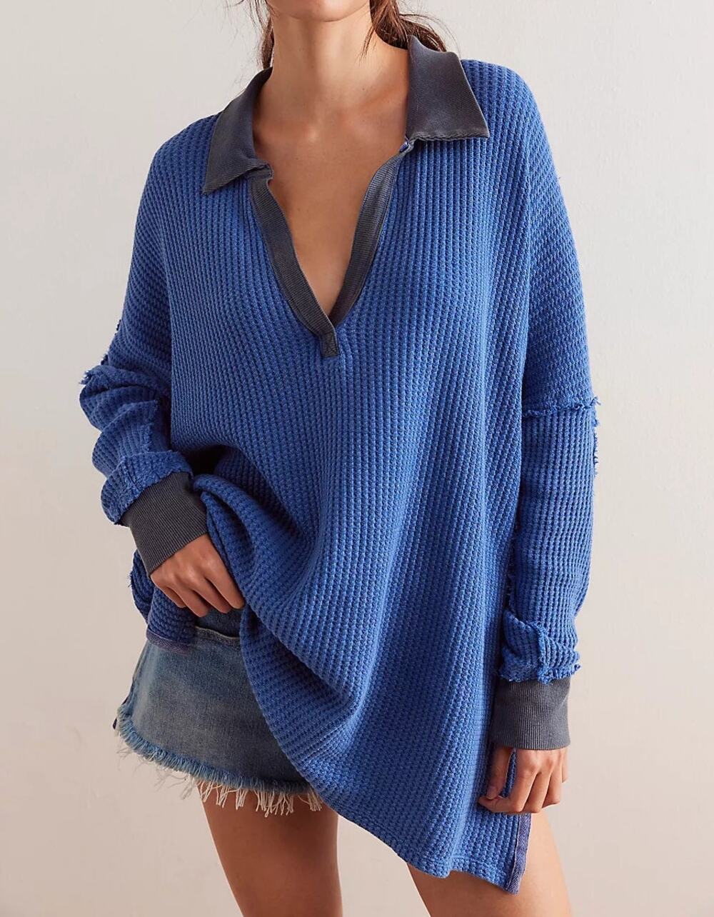 Free People Travis Dropped Shoulder Collared V-Neck Polo Top Dutch Blue Medium